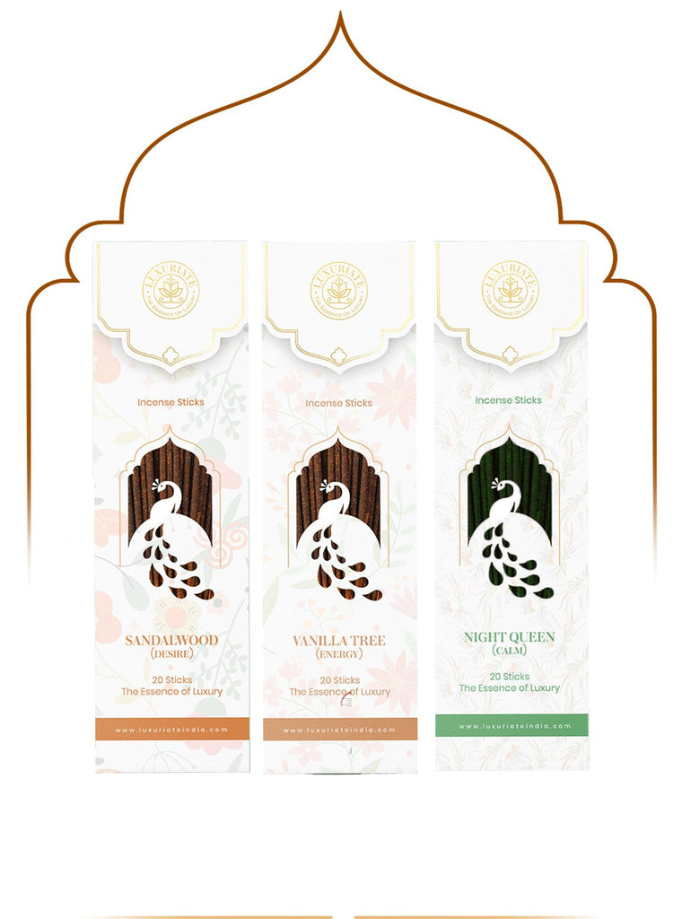 Combo of Sandalwood, Vanilla Tree, Night Queen Incense Sticks - LUXURIATECombo of Sandalwood, Vanilla Tree, Night Queen Incense SticksComboLUXURIATELUXURIATE